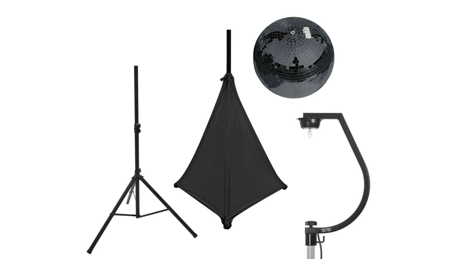 EUROLITE Set Spiegelkugel 30cm schwarz mit Stativ und Segel schwarz
