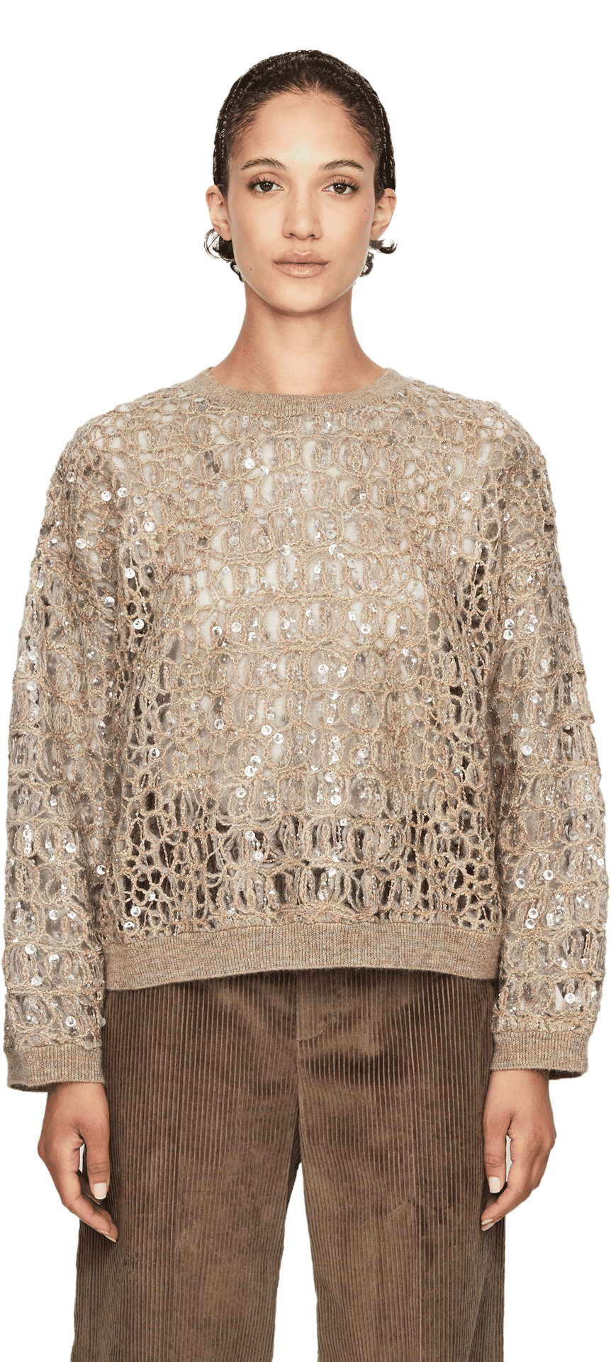 Strickpullover mit Pailletten Beige