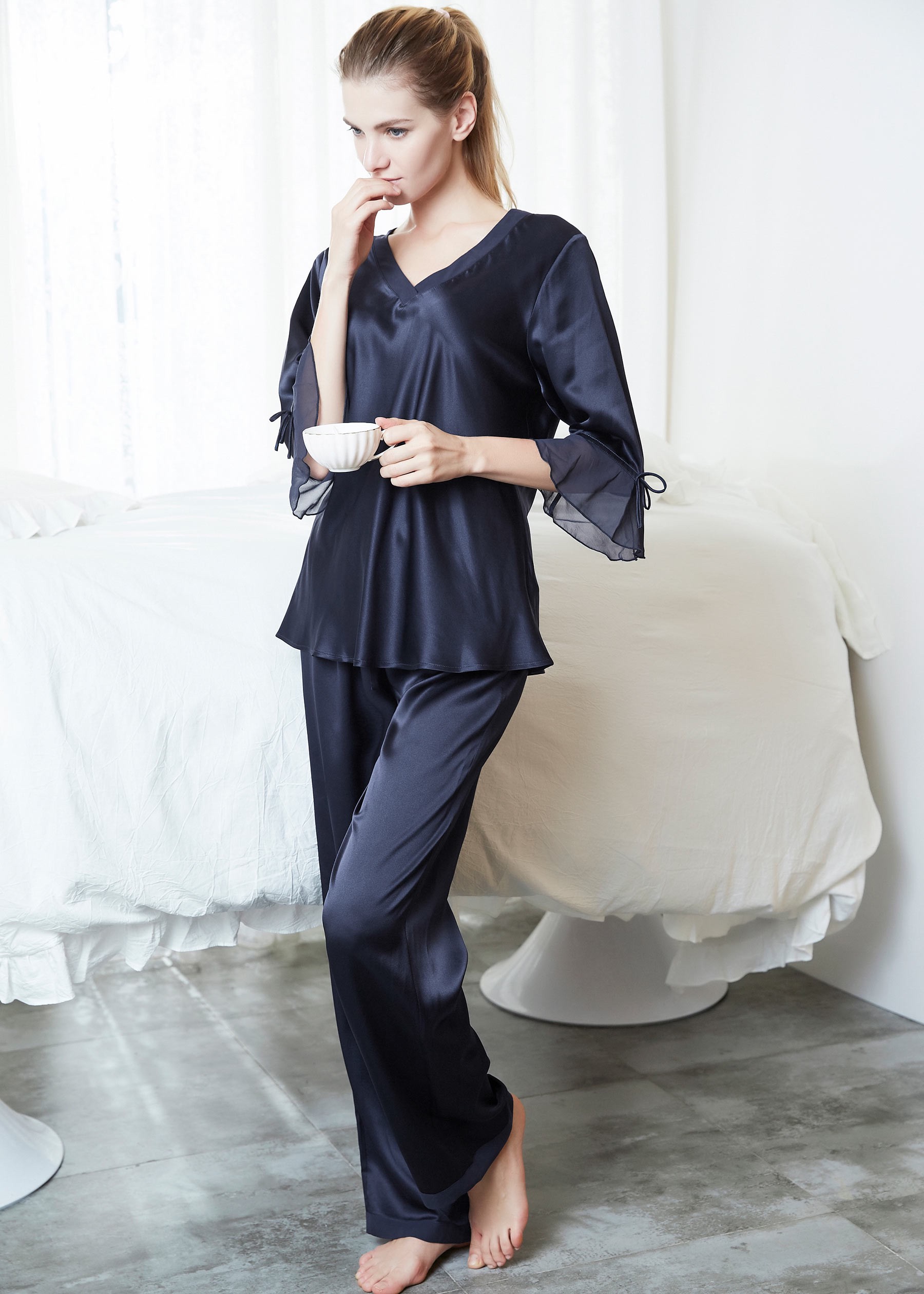 LILYSILK Pyjama De Soie Femme Rose Pastel Col V, Manches 3/4 100% Soie Naturellement Antibactérien M