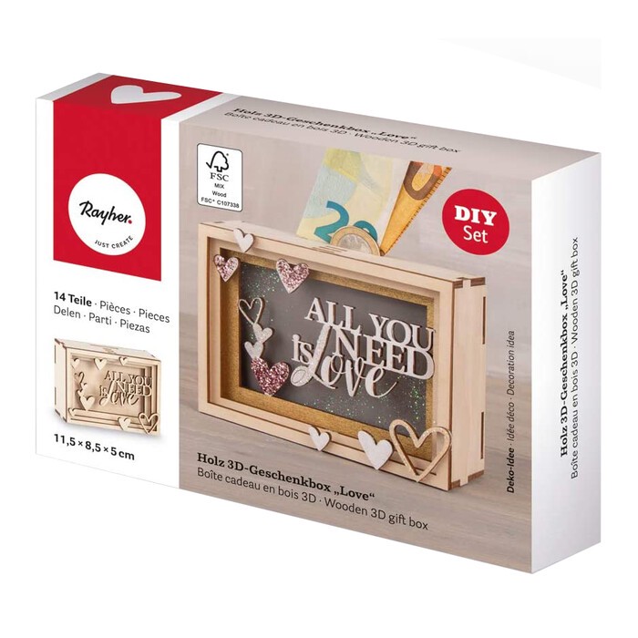 RAYHER 3D-Geschenkbox aus Holz Love 14 Teile natur