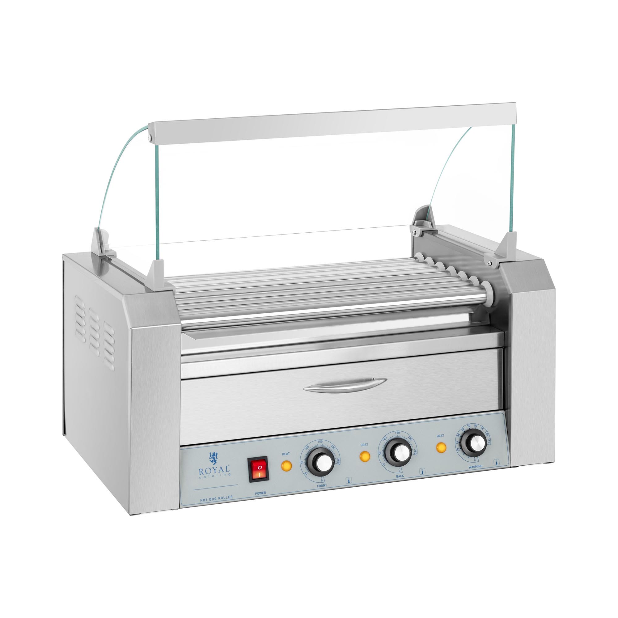 Royal Catering Hot Dog Grill - 7 Rollen - Wärmeschublade - Edelstahl