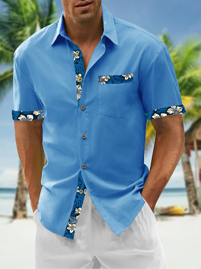 Lässig Tropisch Sommer Baumwolle Weit Regelmäßig H-Linie Regelmäßig Tasche Patchwork Aloha-Hemden für Herren