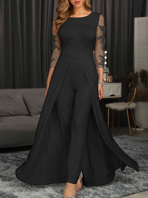 Schwarzes Mutterkleid mit Rundhalsausschnitt 3/4-Ärmeln Etuikleid mit Applikationen Kleider für Hochzeitsgäste kostenlose Anpassung