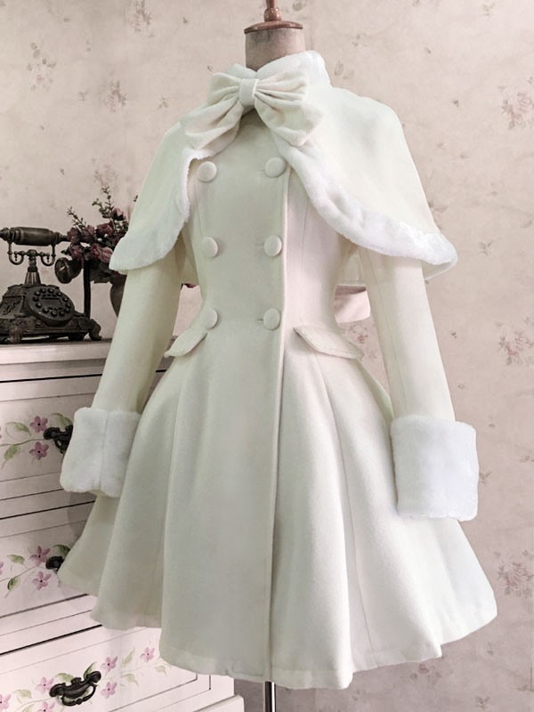 Klassischer Lolita-Wollmantel mit Schleife zweireihig pelzig Lolita-Wintermantel