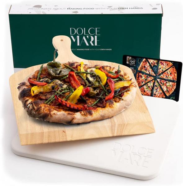 DOLCE MARE Pizzastein / Brotbackstein 30x38cm beige Inkl. Holz-Pizzaschieber in Designbox verpackt - Bis 900 grad, für Grill und Backofen