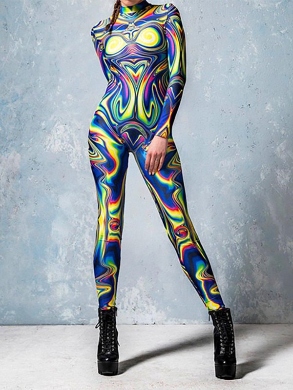 Bedruckter Zentai Halloween Cosplay Kostüme Weibliche Frau Sexy Anzug Farbe Element Blau Muscle Halloween Bodysuit Erwachsene High-taillierte Sport Overall